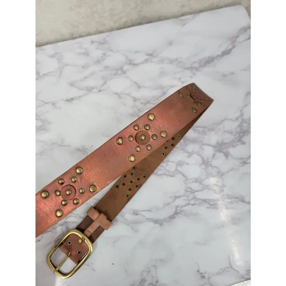 Calvin Klein Metallic Pink and Brown Leather Studded Belt with Brass Buckle